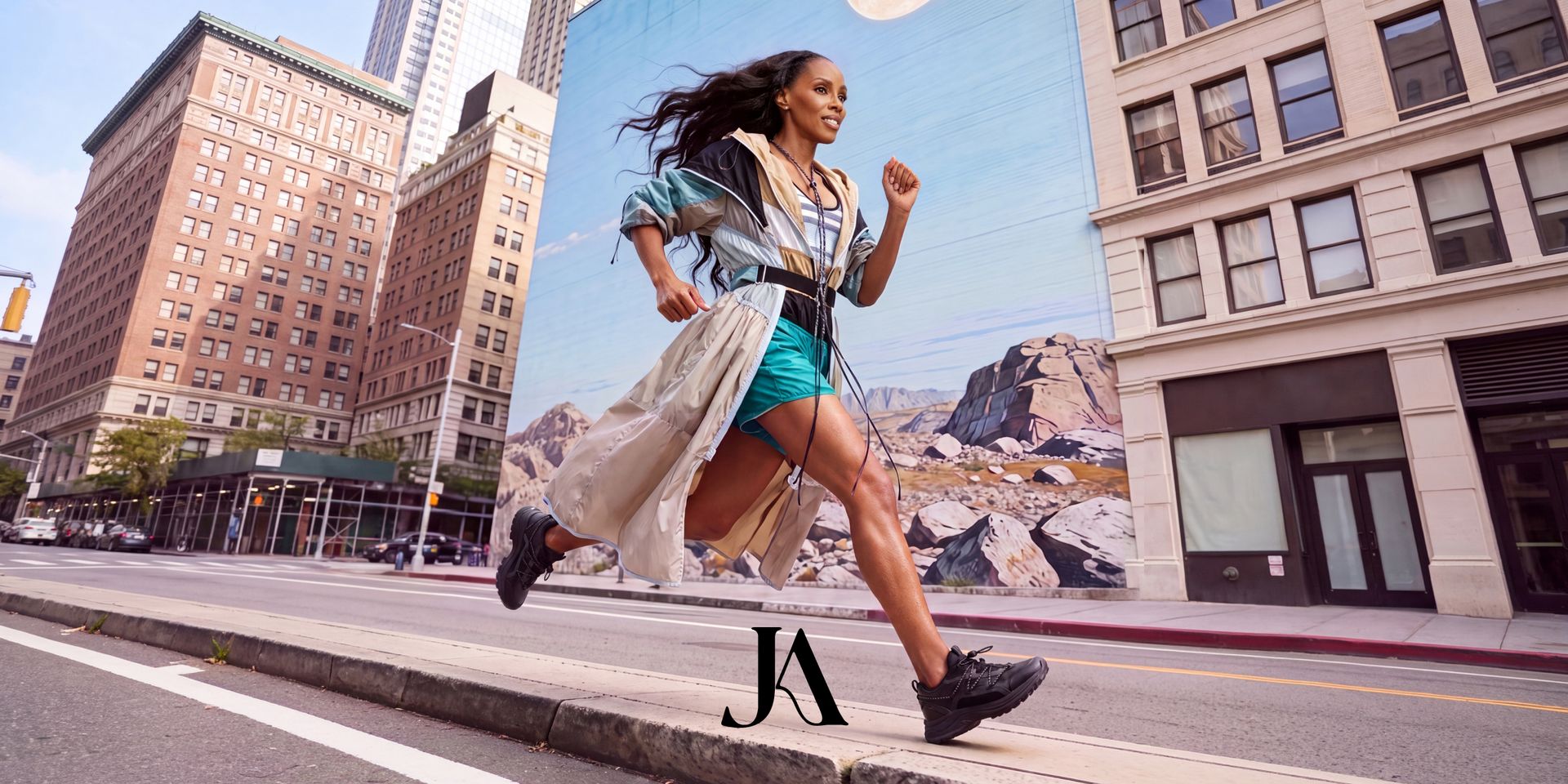 June Ambrose running down a city street wearing the Trecca sneaker