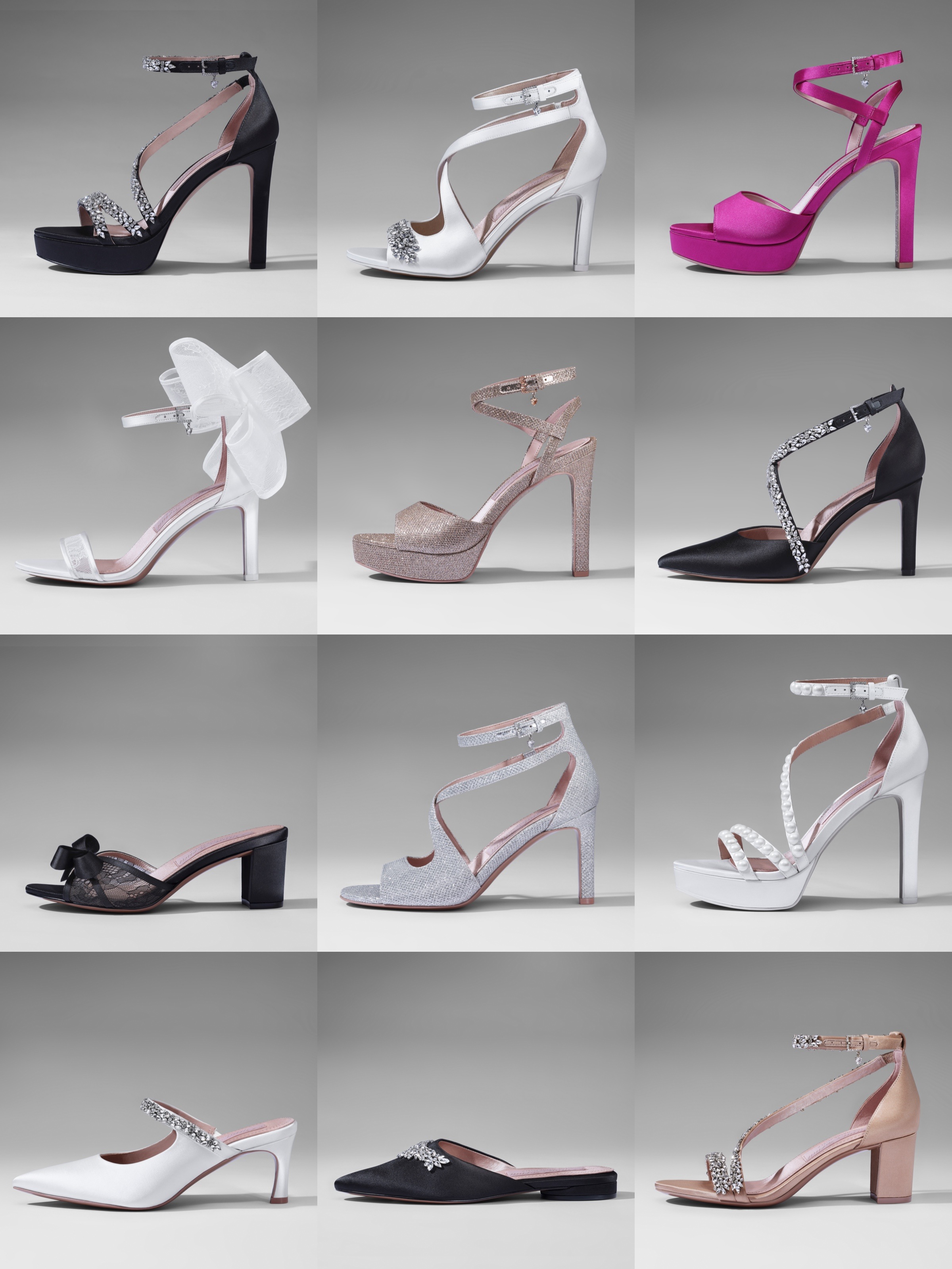 twelve different shoes laid out on a grid