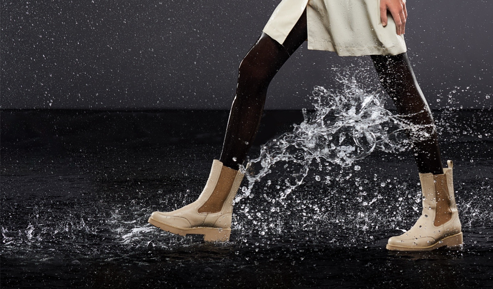 weather ready boots splashing through a puddle