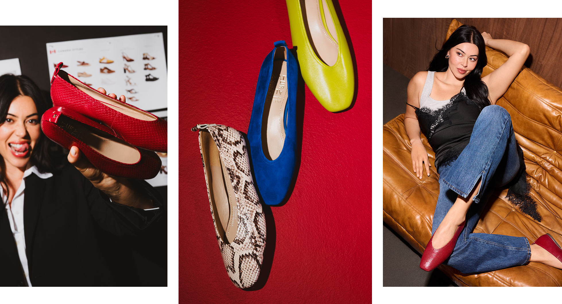 a collage photo featuring the Carla ballet flat and a model with dark hair