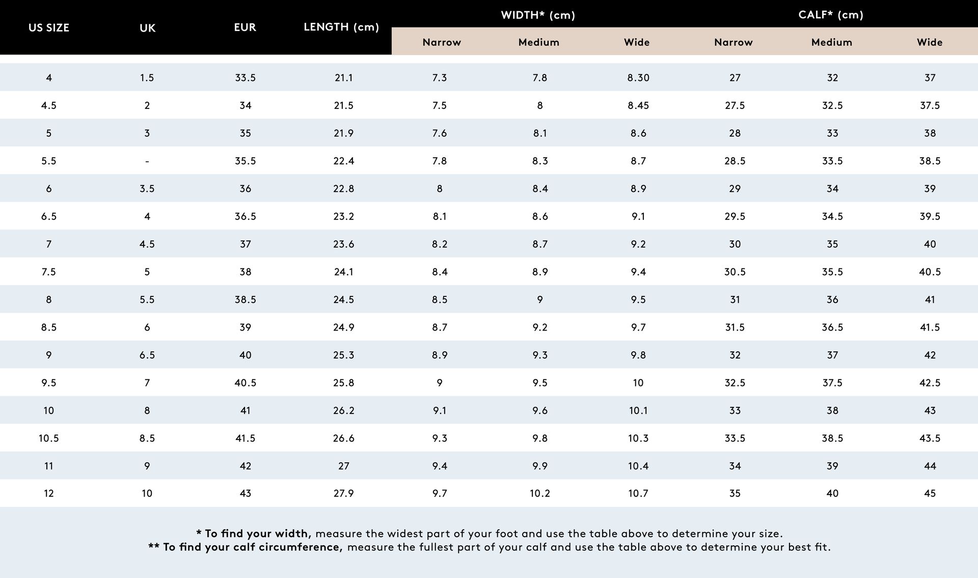 shoe size chart