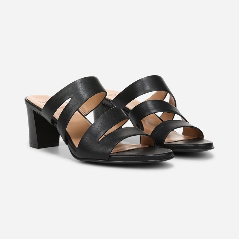 Naturalizer Beaming Slide Sandals, Black Smooth Faux Leather, 6.0M Strappy Style, Open Toe