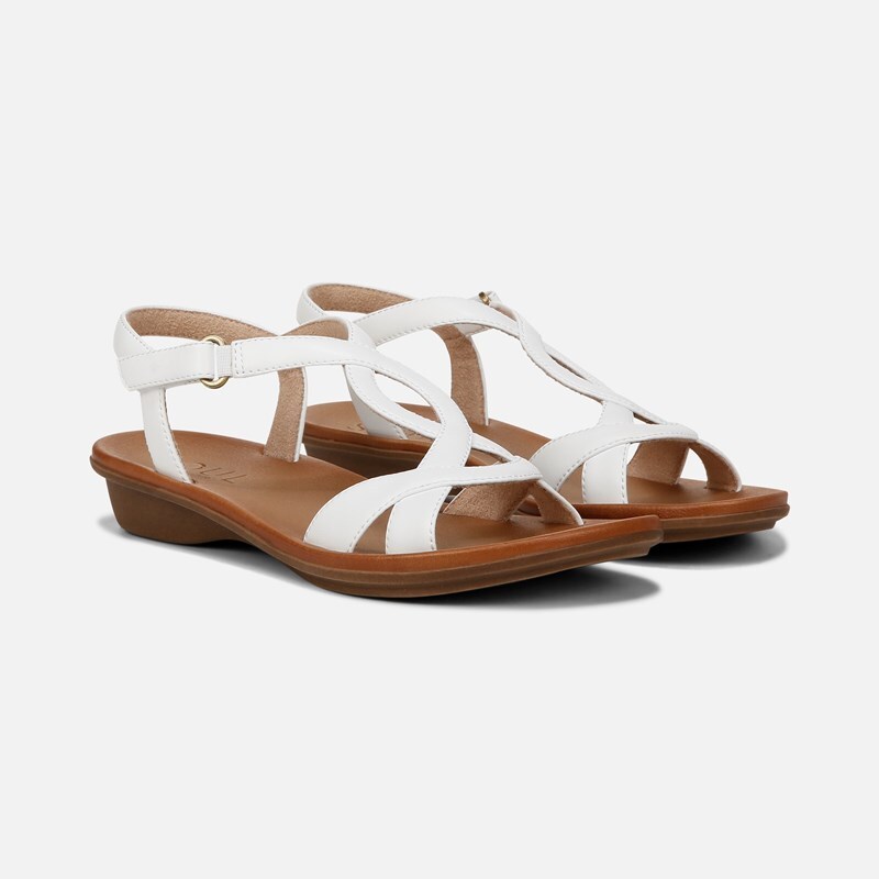 Soul Solo Sandals, Smooth White Faux Leather Fabric, 8.0M Strappy Style, Round Toe, Ankle Strap