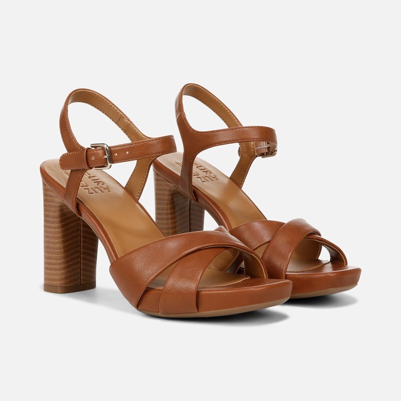 Naturalizer Morgan Dress Sandals, English Tea Faux Leather, 9.5M Strappy Style, Block Heels, Ankle Strap