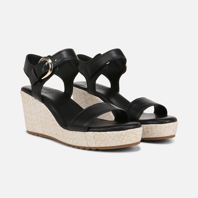 Naturalizer Stella Wedge Sandals, Black Leather, 8.5W Open Toe