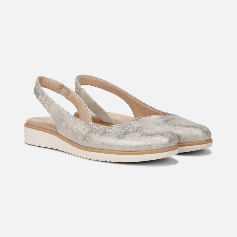 Soul Idea d’Orsay Flat Wedges, Light Gold Faux Leather Fabric, 8.5W Slip-On, Round Toe, Slingback Strap