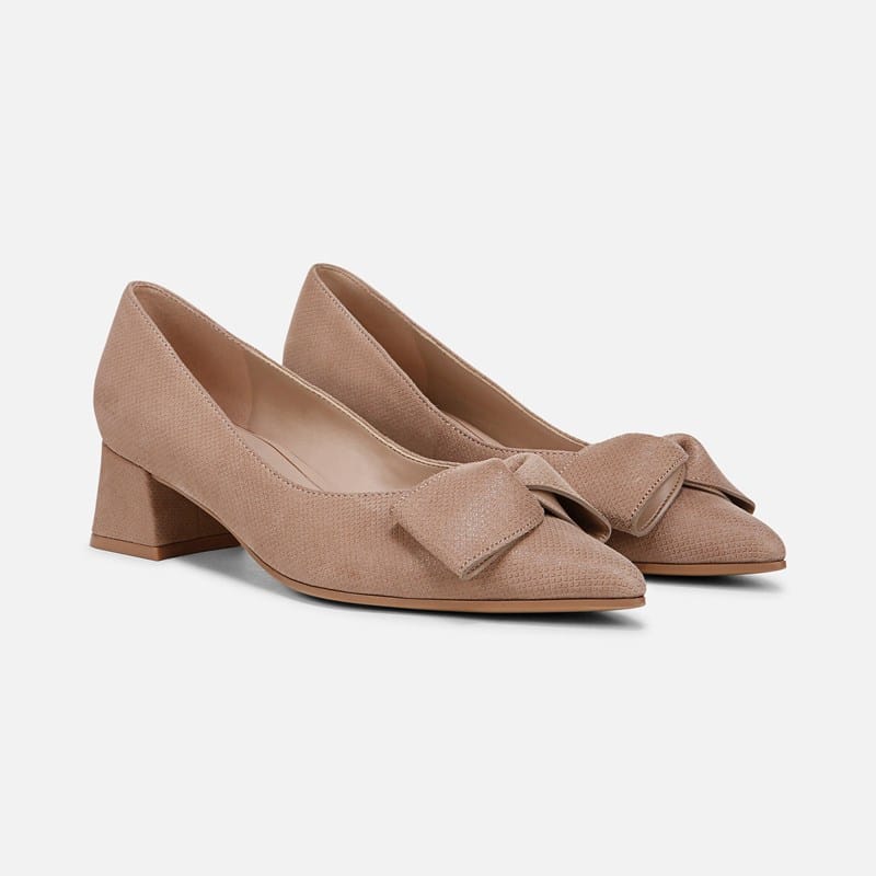 Naturalizer Mavis Bow Pump Shoes, Taupe Suede Leather, 10.0W Slip-On Fit, Pointed Toe, Block Heels