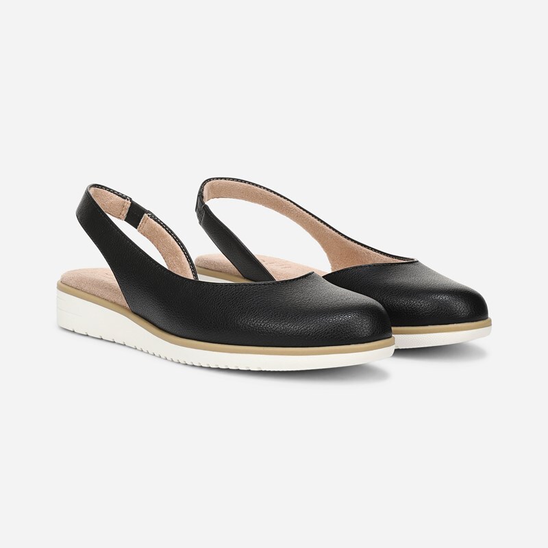 Soul Idea d'Orsay Flat Wedges, Black Faux Leather, 8.5W Round Toe, Slingback Strap