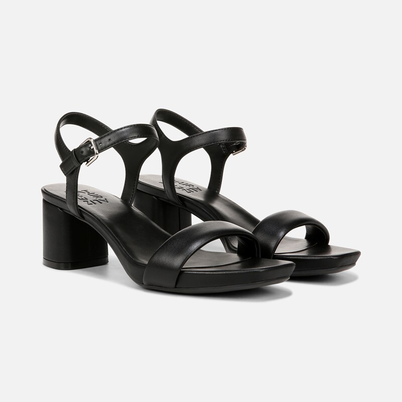 Naturalizer Izzy Dress Sandals, Black Leather, 9.0W Block Heels, Ankle Strap
