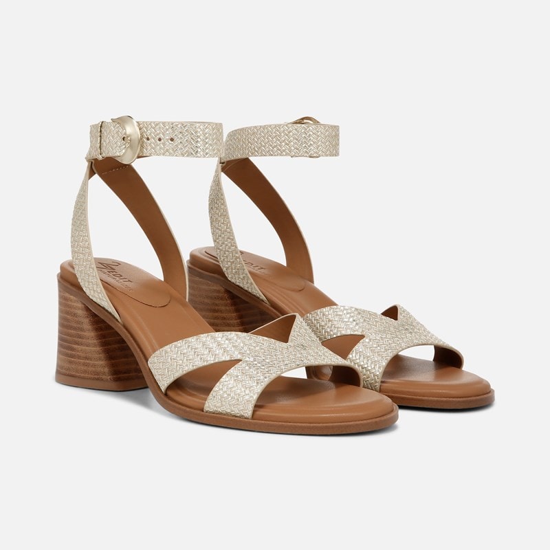 27 EDIT Yumi Ankle Strap Sandals, Cremosa Taupe Leather, 8.0M Strappy Style, Block Heels, Rubber Outsole