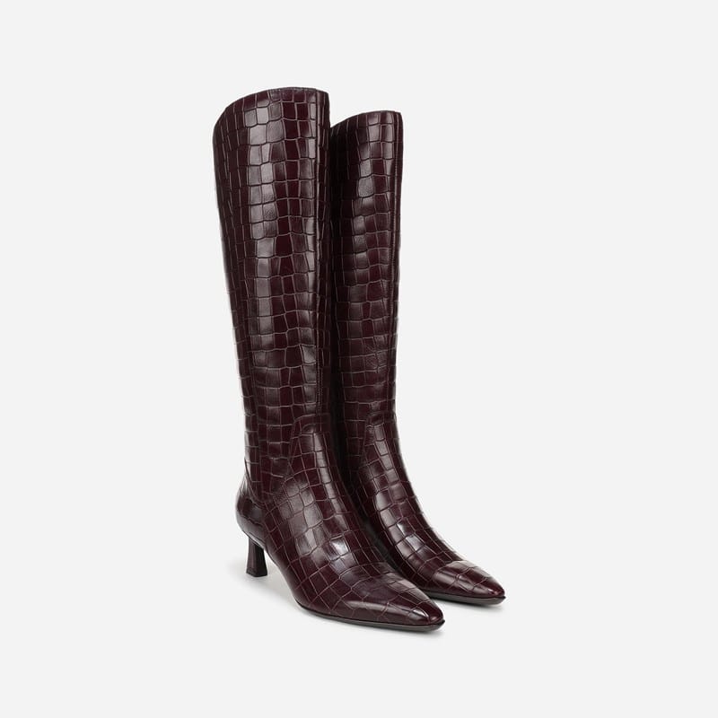 Naturalizer Deesha Wide Calf Knee High Boots, Dark Red Croco Print Leather, 12.0W Zip Closure, Non-Slip Outsole