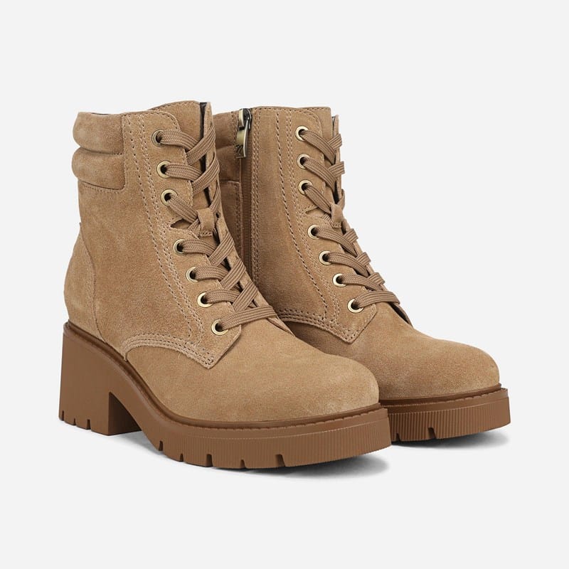 Naturalizer Jovani Water Repellent Platform Bootie Boots, Tan Brown Suede Leather, Lace-Up Style, Round Toe, Block Heels, Zip Closure