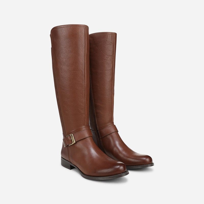 Naturalizer Juno Wide Calf Knee High Boots, Caramel Brown Leather, Almond Toe, Block Heels