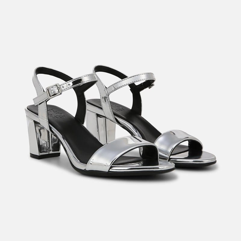 Naturalizer Bristol Dress Sandals, Silver Faux Leather Satin, 5.5M Strappy Style, Open Toe, Block Heels