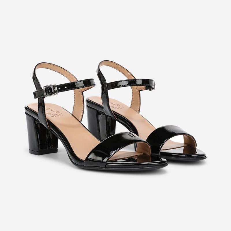 Naturalizer Bristol Dress Sandals, Black Patent Faux Leather Satin, 8.0W Strappy Style, Open Toe, Block Heels