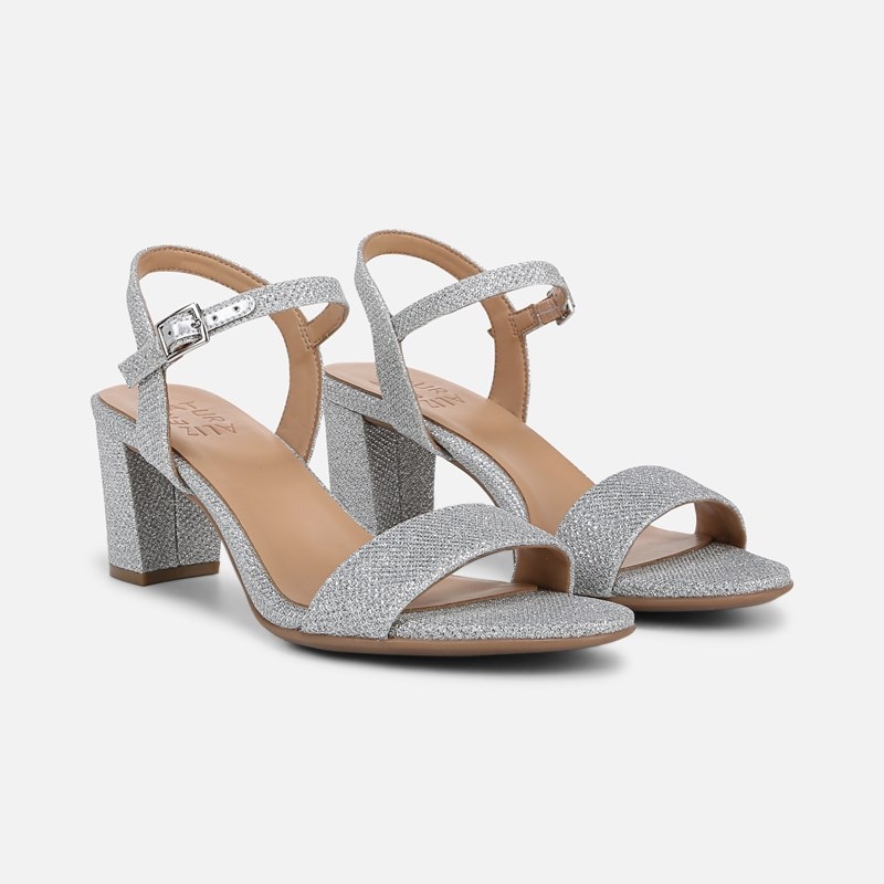 Naturalizer Bristol Dress Sandals, Silver Fabric Leather, 8.5W Almond Toe, Block Heels