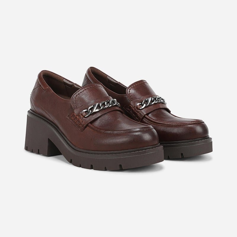 Naturalizer Jolee Platform Loafer Shoes, Dark Brown Leather, Slip-On Fit, Round Toe, Block Heels