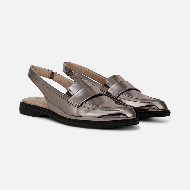 Soul Yeah Slingback Loafer Shoes, Pewter Faux Leather, 7.0W Almond Toe, Strap
