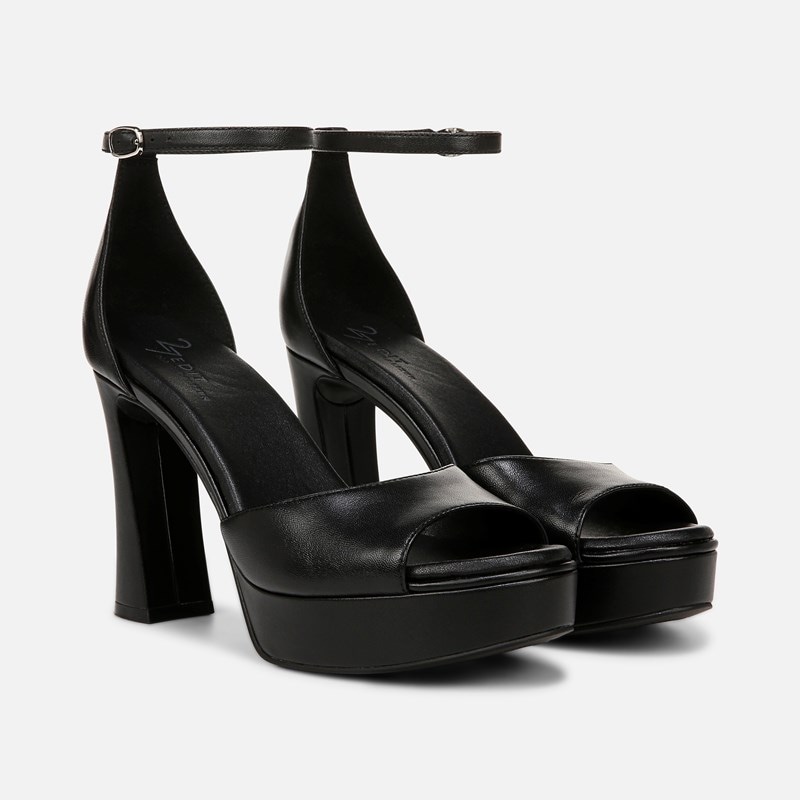 27 EDIT Delphie Dress Sandals, Black Leather Satin, 9.5W Almond Toe, Ankle Strap, Rubber Outsole