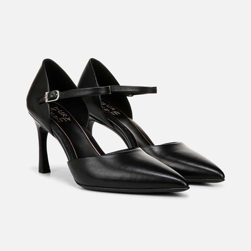 Naturalizer Amber Dress Shoe Classic Pumps, Black Leather, 9.5M Pointed Toe, Ankle Strap