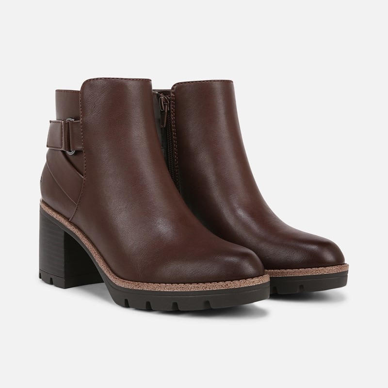 Naturalizer Madalynn Strap Bootie Boots, Chocolate Faux Leather, 9.5W Strappy Style, Round Toe, Block Heels, Zip Closure