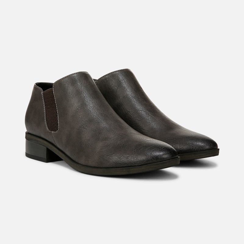 Soul Respect Ankle Bootie Boots, Smoky Grey Faux Leather, 10.0W Almond Toe, Block Heels, Zip Closure