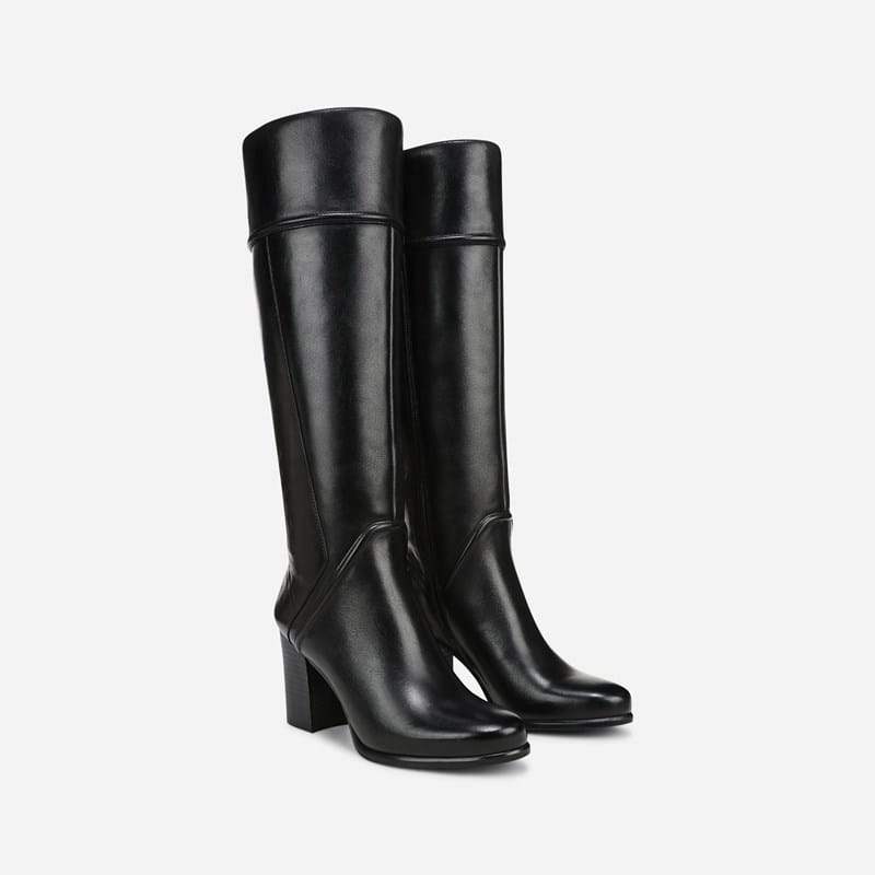 27 EDIT Lexa Knee High Boots, Black Leather, 10.0W Round Toe, Block Heels