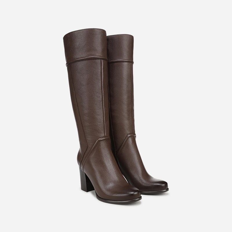 27 EDIT Lexa Knee High Boots, Chocolate Brown Leather, Round Toe, Block Heels
