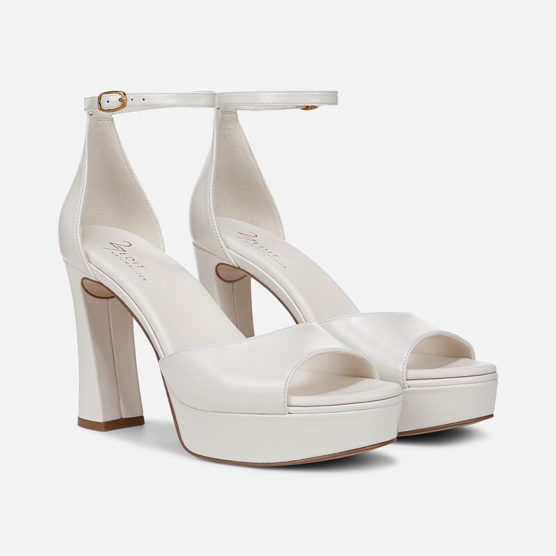 27 EDIT Delphie Dress Sandals, Warm White Leather Satin, 9.0M Almond Toe, Ankle Strap, Rubber Outsole