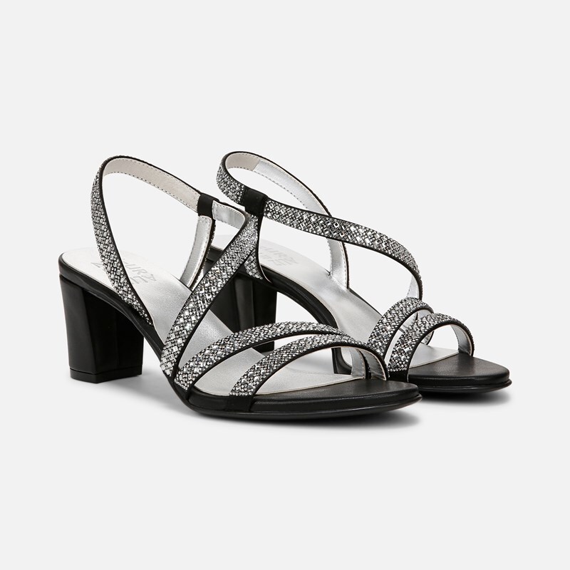 Naturalizer Vanessa 3 Sandals, Black Satin, 7.0W Strappy Style, Open Toe, Block Heels