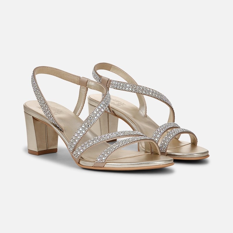 Naturalizer Vanessa 3 Sandals, Champagne Satin, 8.5M Strappy Style, Open Toe, Block Heels