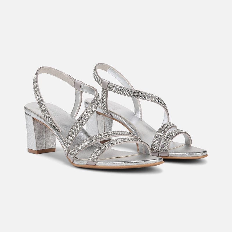 Naturalizer Vanessa 3 Sandals, Silver Satin, 7.0W Strappy Style, Open Toe, Block Heels