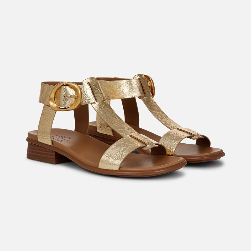 Naturalizer Brandy Sandals, Dark Gold Faux Leather, 8.5 2W Strappy Style, Open Toe, Block Heels