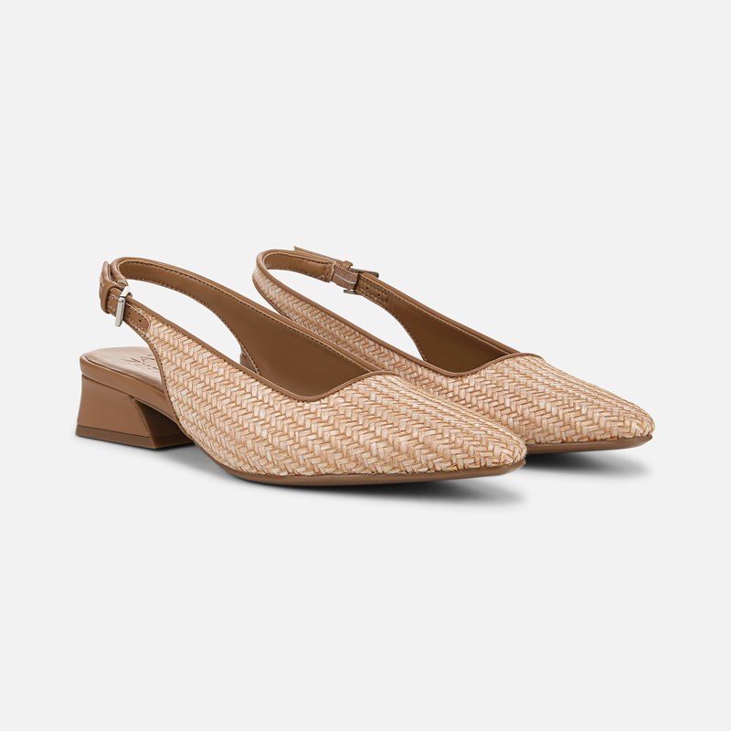 Naturalizer Ginger Slingback Shoes, Tan Woven Faux Leather, 6.5M Block Heels, Strap