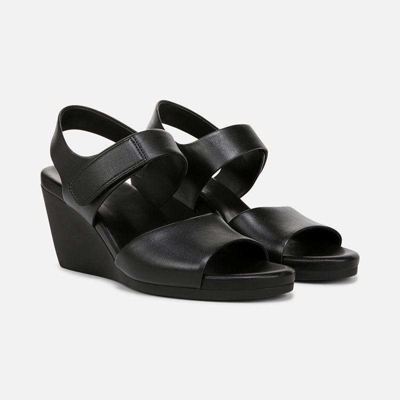 Naturalizer Imani Wedge Sandals, Black Leather, 10.0W Strappy Style, Open Toe