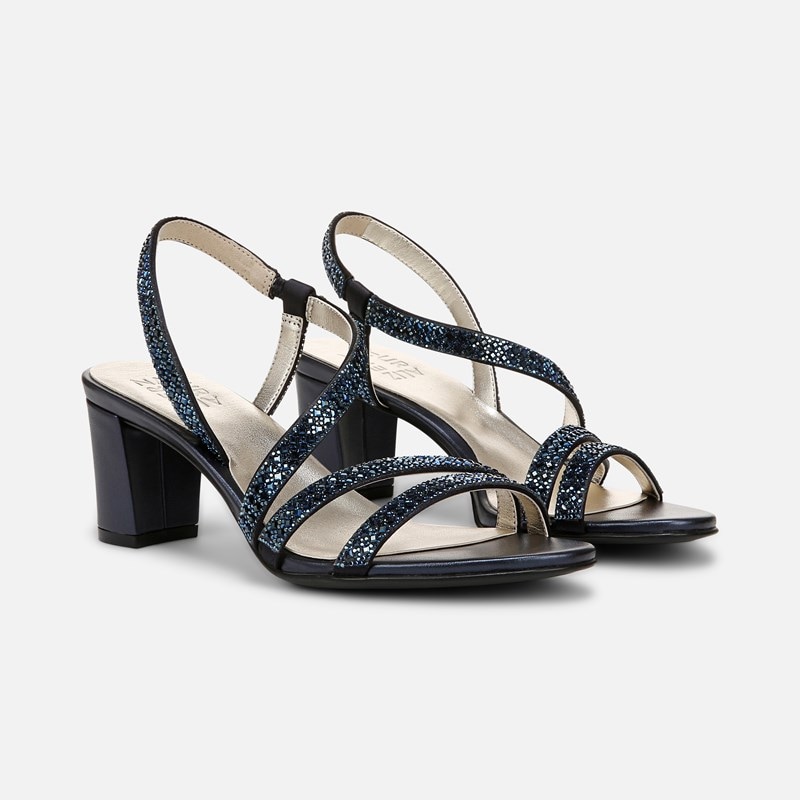 Naturalizer Vanessa 3 Sandals, French Navy Satin, 8.0 2W Strappy Style, Open Toe, Block Heels