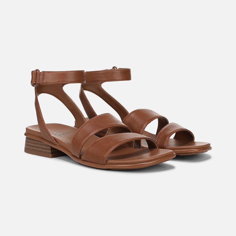 Naturalizer Effie Sandals, Englsih Tea Brown Faux Leather, 6.5W Strappy Style, Open Toe, Block Heels