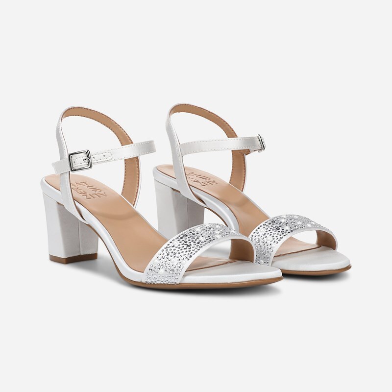 Naturalizer Bristol Dress Sandals, Pearl White Fabric Leather, 5.0M Almond Toe, Block Heels, Non-Slip Outsole