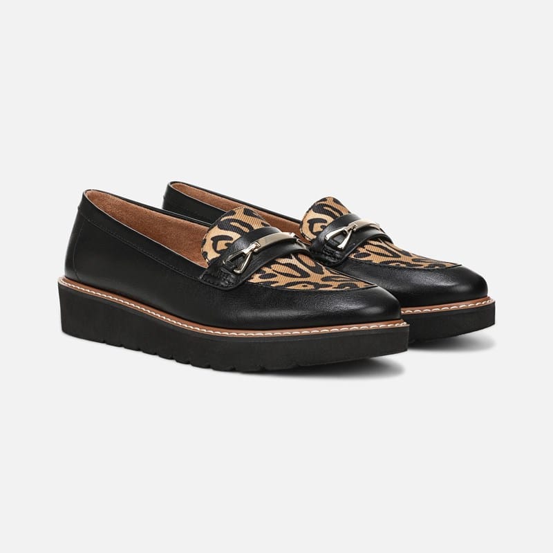 Naturalizer Elin Loafer Shoes, Black/Leopard Faux Leather Microfiber, 9.0W Slip-On Fit, Almond Toe