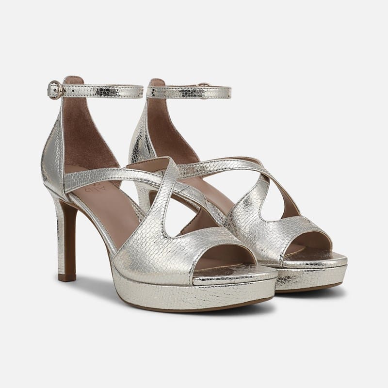 Naturalizer Alicia Ankle Strap Dress Shoes, Silver Sand Faux Leather, 10.0M Strappy Style, Open Toe, Platform Heel
