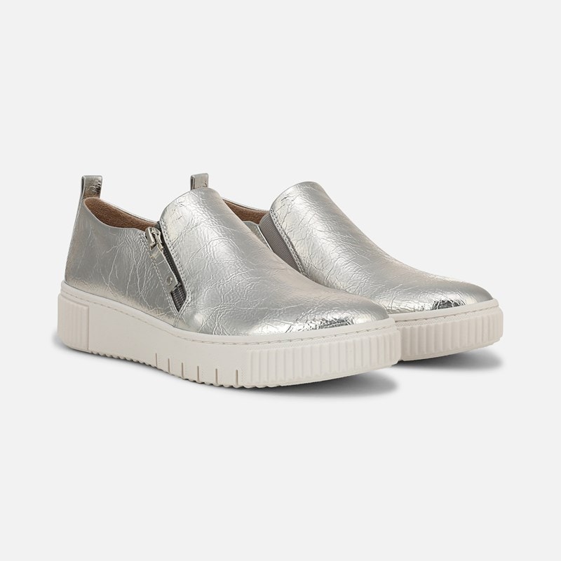 Soul Turner Slip On Sneaker Shoes, Silver Sand Faux Leather Fabric, 7.0M Round Toe