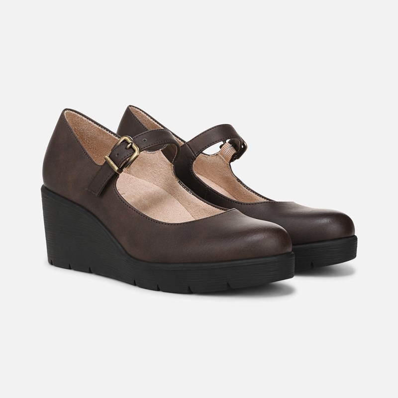 Soul Adore Mary Jane Wedge Shoes, Chocolate Brown Faux Leather, 6.0W Round Toe