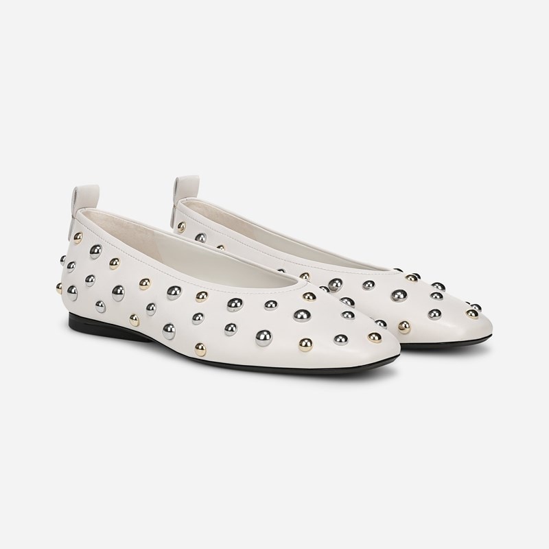 27 EDIT Carla Ballet Flat Shoes, Warm White Stud Leather, 8.0M Slip-On Fit, Rubber Outsole