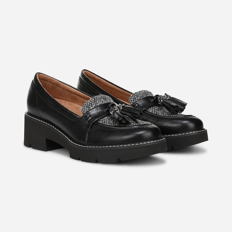 Naturalizer Committed Lug Loafer Shoes, Black Faux Leather &amp; Fabric, 9.0W Round Toe