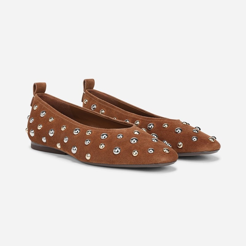 27 EDIT Carla Ballet Flat Shoes, Dark Chestnut Stud Suede Leather, 5.0M Slip-On Fit, Rubber Outsole