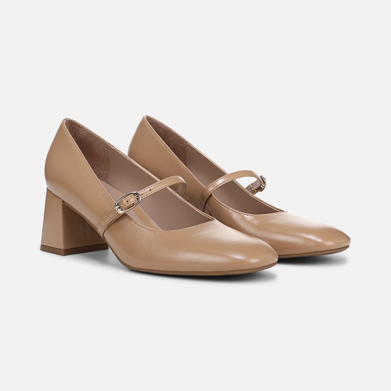 Naturalizer Dancing Mary Jane Shoes, Taupe Faux Leather, 8.0W Classic Pumps, Block Heels
