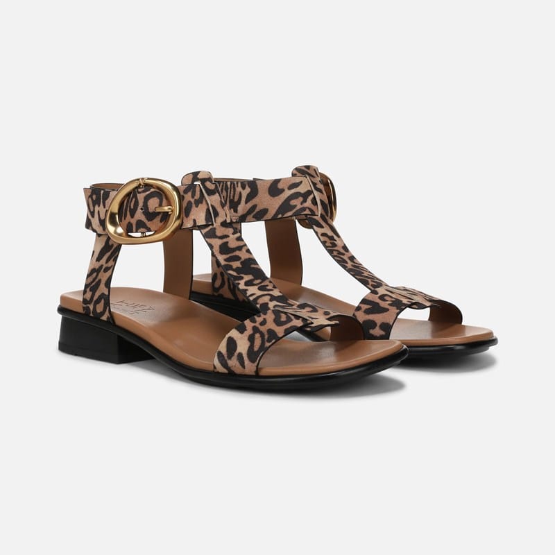 Naturalizer Brandy Sandals, Leopard Print Suede Leather, 9.0W Strappy Style, Open Toe, Block Heels