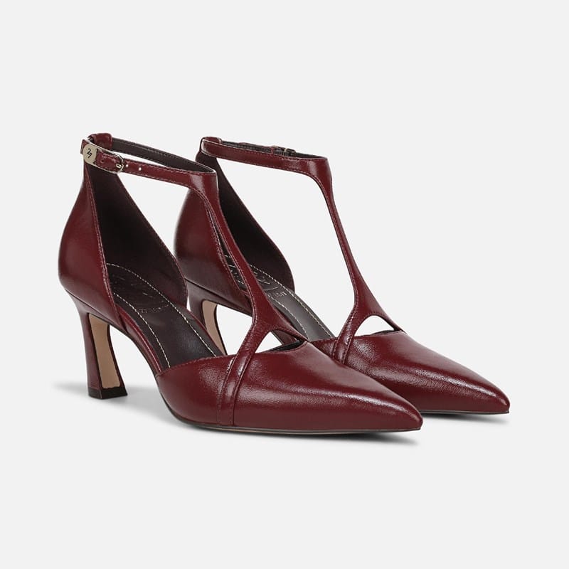 27 EDIT Ezlyn Pump Shoes, Cranberry Red Leather, 11.0W Strappy Style, Pointed Toe, Ankle Strap, Rubber Outsole