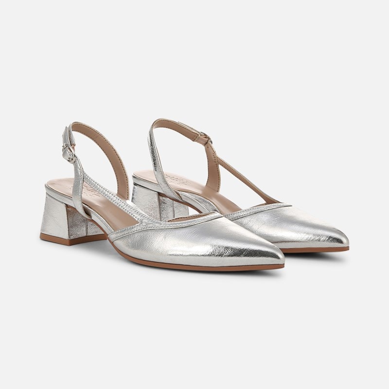 Naturalizer Mila Dress Shoe Shoes, Silver Leather, 6.0W Strappy Style, Pointed Toe, Block Heels, Slingback Strap