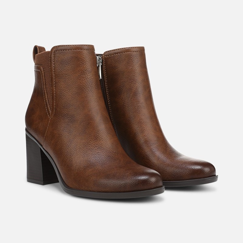 Naturalizer Jodi Ankle Bootie Boots, Brown Faux Leather, 7.0W Round Toe, Block Heels, Zip Closure